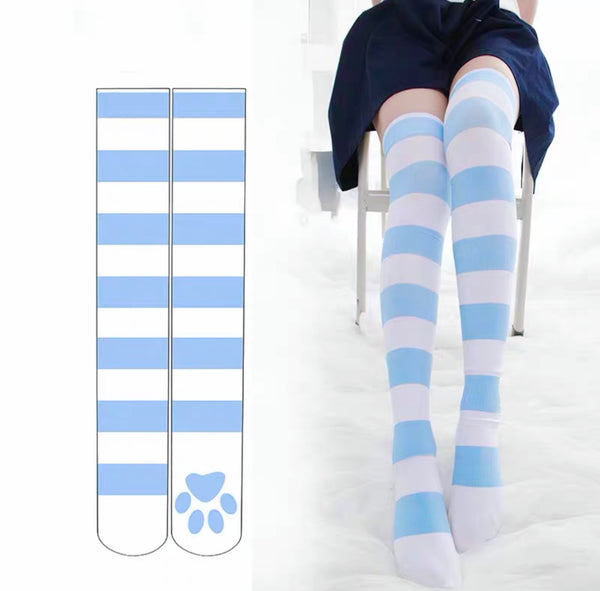 Pink and Blue Stripe Over the knee socks with Paw Printing on the bottom