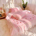 Pink Cherry Ruffle Edge Duvet Sheet Set Cotton Queen King Pillowcase, Duvet cover, Flat Sheet