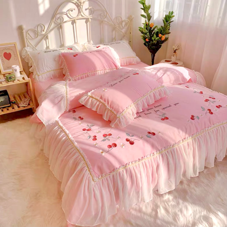 Pink Cherry Ruffle Edge Duvet Sheet Set Cotton Queen King