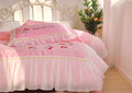 Pink Cherry Ruffle Edge Duvet Sheet Set Cotton Queen King Pillowcase, Duvet cover, Flat Sheet