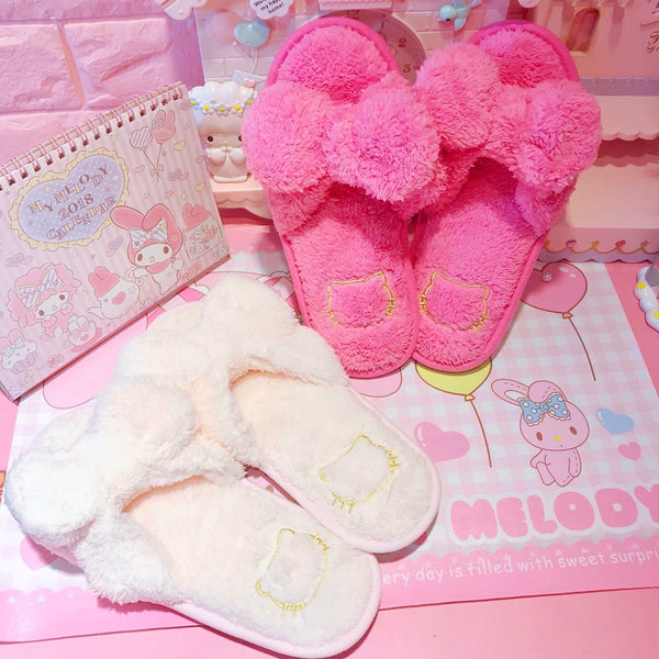 Hello Kitty Inspired Fluffy Plush Open Toe Slippers Soft Comfy Cute Pink