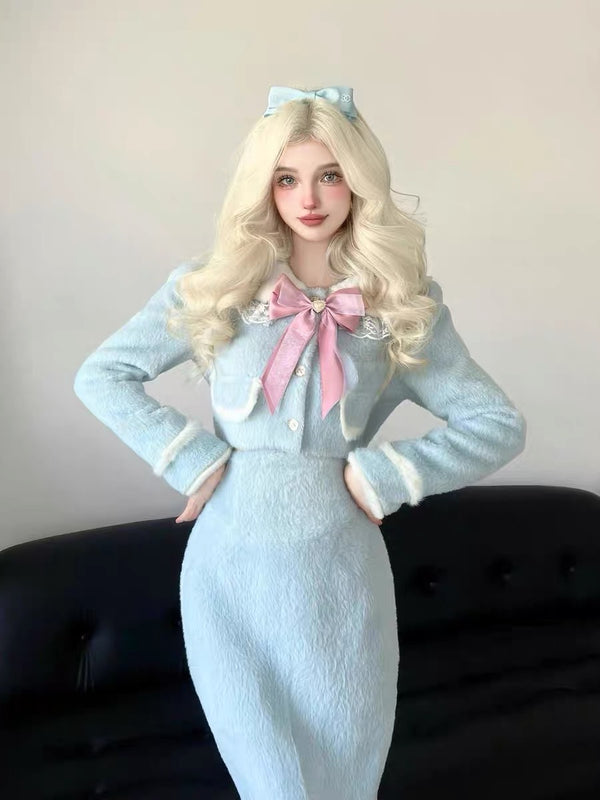 Legally Blonde Inspired Preppy Pastel Baby Blue Plush Blazer and Maxi Skirt Set