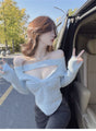 Soft Aesthetic Pink Blue White off the shoulder Fitted Long Sleeve Top