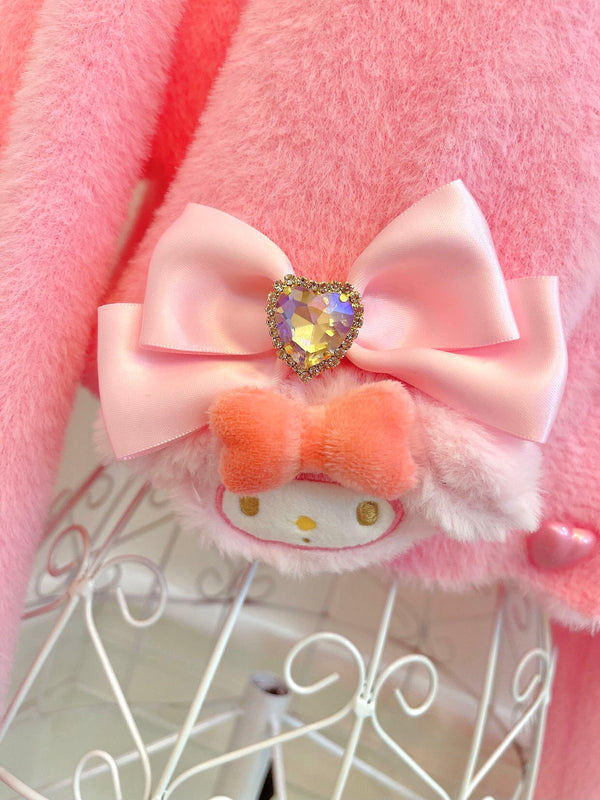 My Melody Inspired Plushie on the Pocket Pink Cardigan with Ruffle Edge Collar