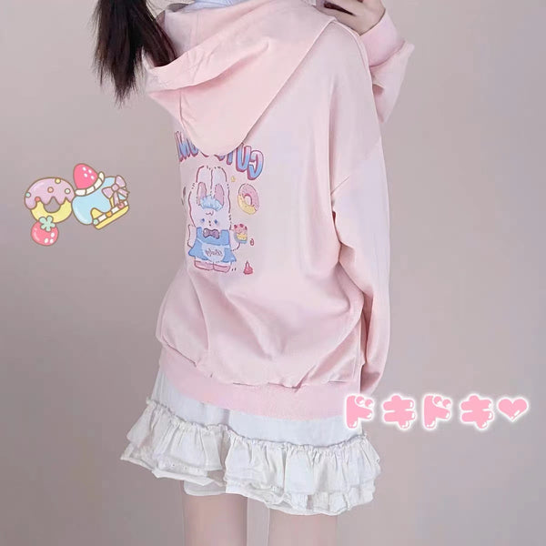 Cute Kawaii Bunny Pink Full-Zip Hoodie Long Sleeve Top
