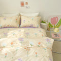 Artsy Aesthetic Flower Painting Purple and Cream Cotton Bedding Duvet Sheet Set Single Twin Queen King Size