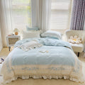Blue Elegant Embroidery Ruffle Edge Premium Cotton Bedding Duvet Sheet Set Queen King Size