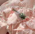Baby Pink Diamond Shape Detail White Ruffle Edge Bedding Duvet Sheet Set Single Queen King Size