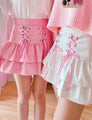 Pink and White Ruffled Leather Skirt with Front Ribbons