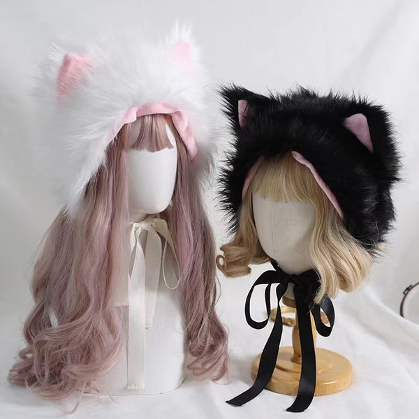 Kitty Ears Design Fuzzy Plush Hat with Tie under Chin