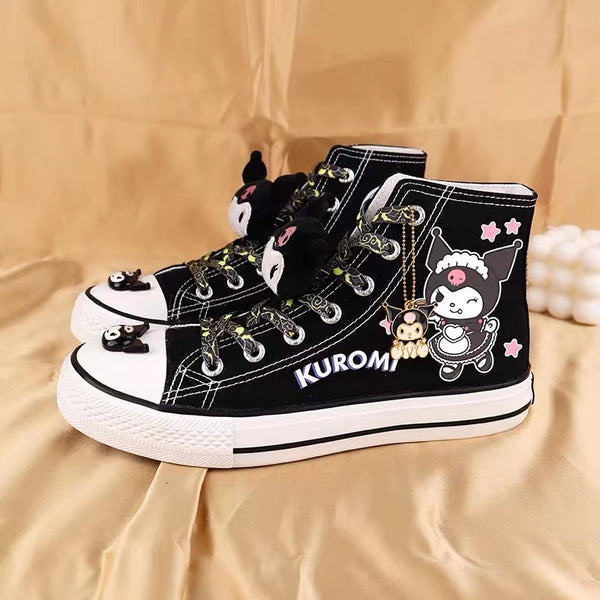 Kuromi and My Melody Inspired High-Top Canvas Sneakers in Black and White