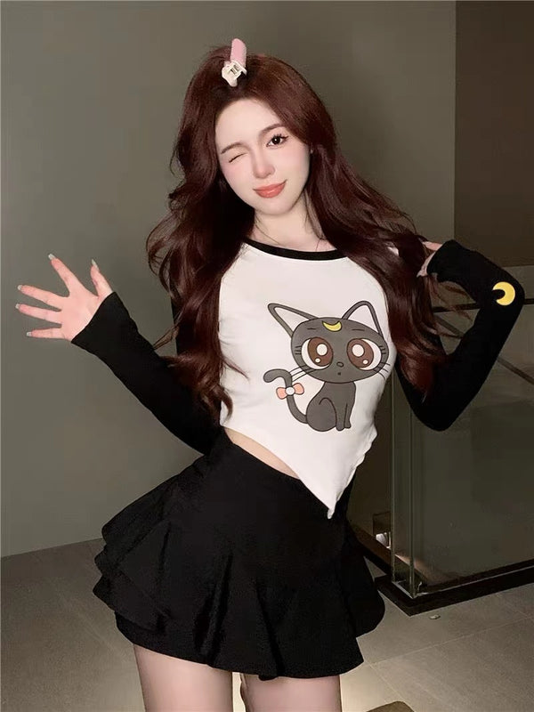 Luna Cat Inspired Fitted Black and White Long Sleeve Top