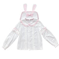 Soft Kawaii Girl Lolita Bunny and Bow Long Sleeve Cotton Button Front Shirt Pink and Blue