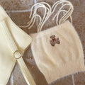 Pink Cream Yellow White Bear Embroidered Plushy Knit Strap Tank Top