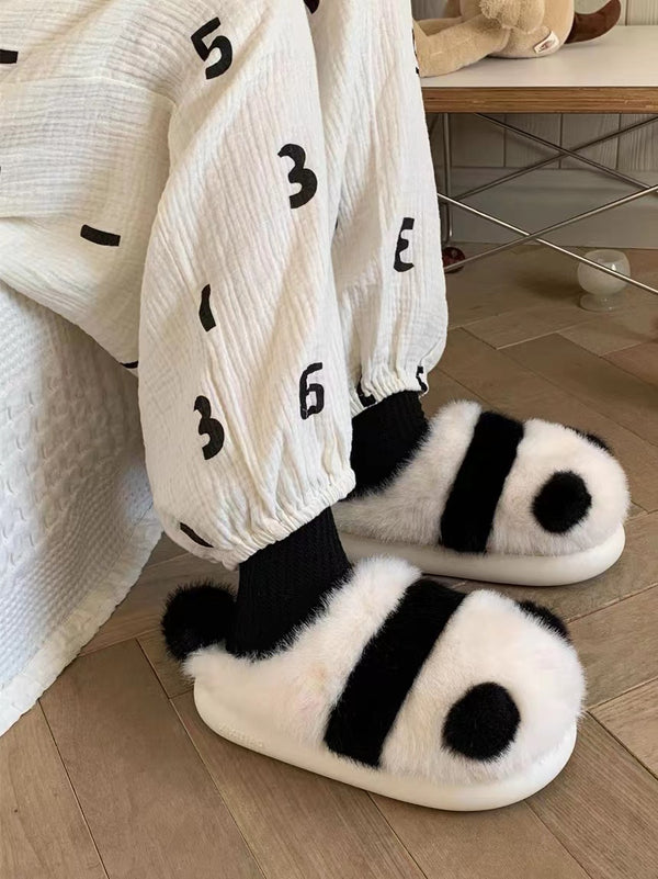 Plush Black and White Panda Slippers