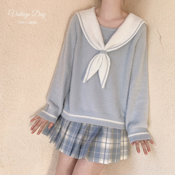 Pink and Blue Sailor Collar Bow Front Sweater Jumper
