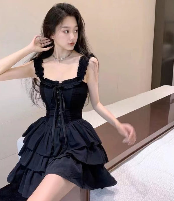 Black Lace-up Corset Strap Dress