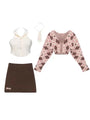 Aesthetic Kawaii Pink Heart Diamond Shaped Cardigan Sleeveless Button Front Top and Body-con Mini Skirt