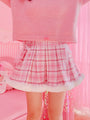 Pink Plaid Pleated Skirt with Plush Edge