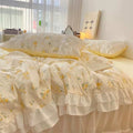 Pastoral Ruffle Edge Duvet Bedding Sheet Set Floral Girly White and Yellow Single Twin Queen Size