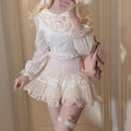 Princessy Soft Kawaii Aesthetic Pastel Cream Flounce Lolita Sleeve Blouse Button Front Long Sleeve Top and Mesh and Lace Skirt