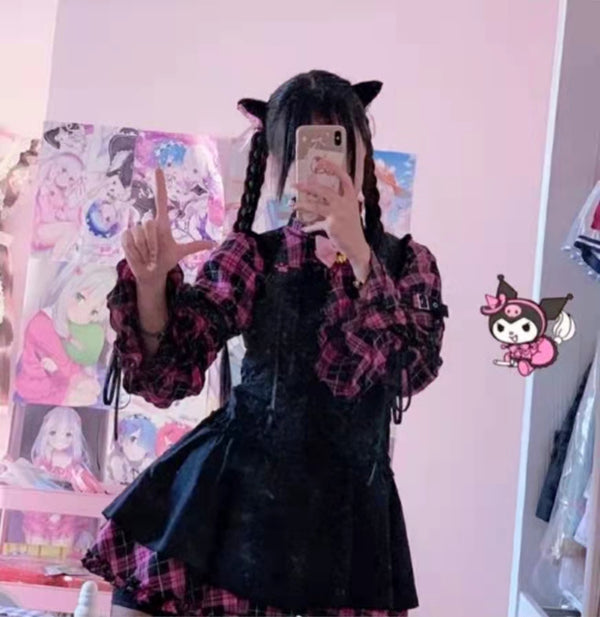 Pink and Black Plaid Punk Kitty Long Sleeve Lolita Harajuku Dress